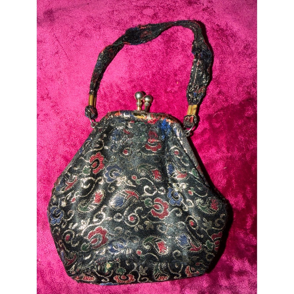 Vintage Metallic Brocade Kiss Lock Evening Bag Floral Paisley Black Gold Handbag